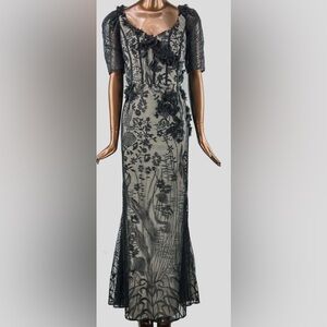 Teri Jon Black Floral Lace Dress Elegant Wedding Guest Prom